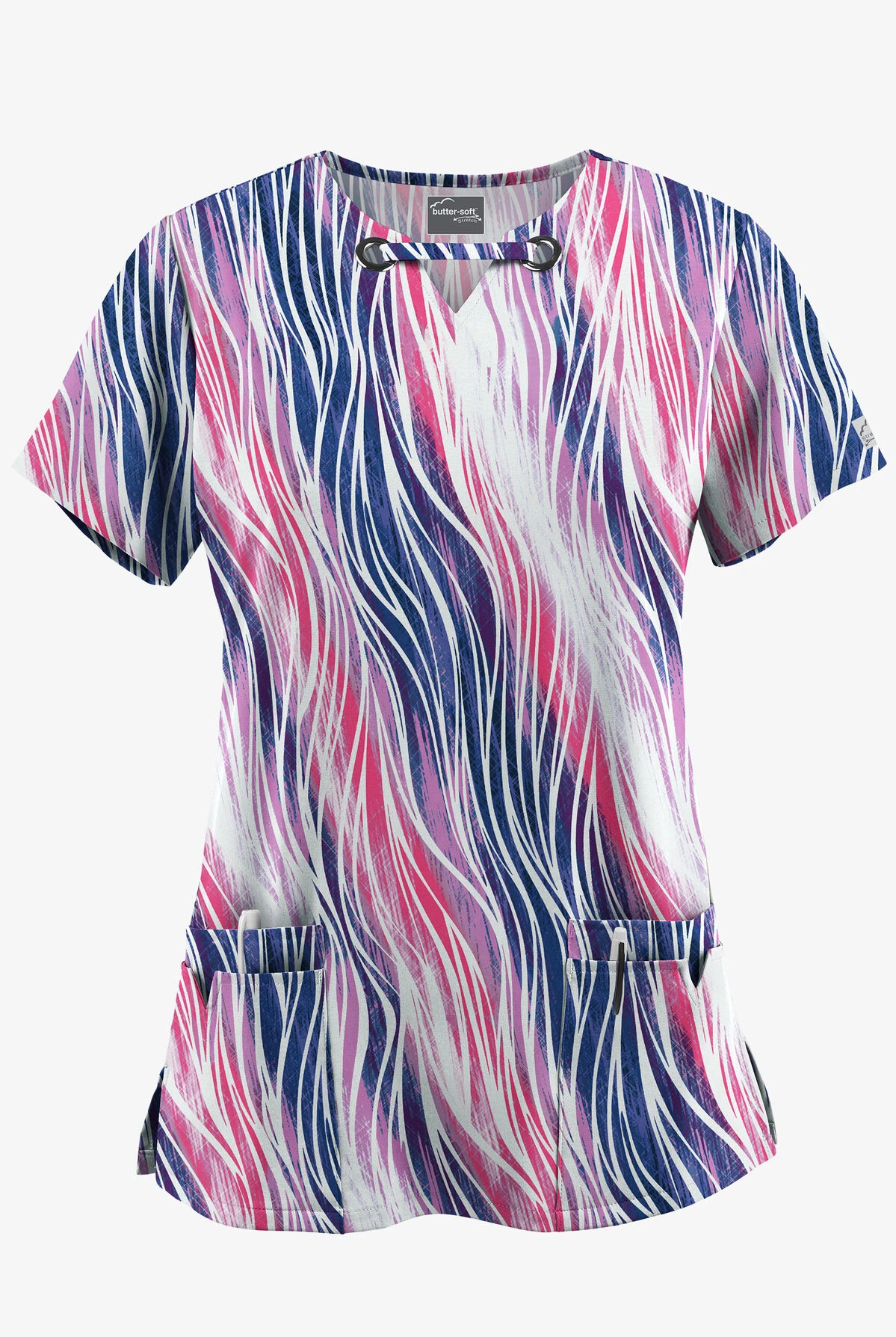 UA Butter-Soft STRETCH Water Waves Fuchsia Women’s 4-Pocket Grommet Neck Detail Printed Scrub Top 1 UA Butter-Soft STRETCH Water Waves Fuchsia Women’s 4-Pocket Grommet Neck Detail Printed Scrub Top