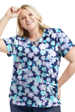 Butter-Soft STRETCH Bloom Butterflies & Belize Ikat Womens 4-Pocket Crisscross Mixed Print Scrub Top -Cherokee Shop TS756BBNV 100323 3