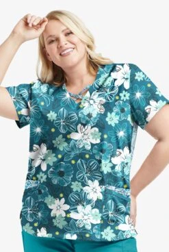 Butter-Soft STRETCH Floral Mirage & Paisley Womens 4-Pocket Crisscross Mixed Print Scrub Top -Cherokee Shop TS756FMCB 092123 3