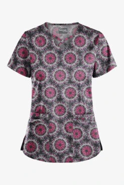 UA Butter-Soft STRETCH Splash Of Geo Pewter Women's 4-Pocket Criss Cross Print Scrub Top