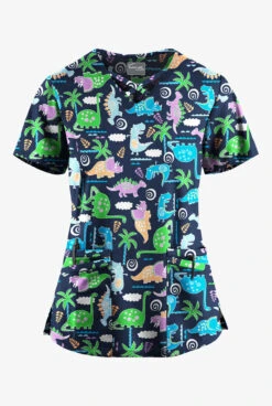 UA Butter-Soft STRETCH Stompin' Dino Turquoise Women's 4-Pocket Crisscross Printed Scrub Top