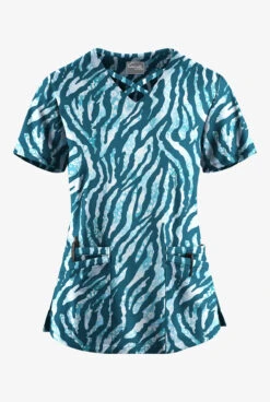 UA Butter-Soft STRETCH Tiger Fantasy Caribbean Blue Women's 4-Pocket Crisscross Printed Scrub Top