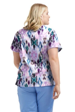 UA Butter-Soft STRETCH Varna Ikat Orchid Women's 4-Pocket Crisscross Printed Scrub Top -Cherokee Shop TS756VIOR 3