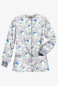 Butter-Soft Polar Holiday Silver Women's 2-Pocket Warm-Up Print Scrub Jacket