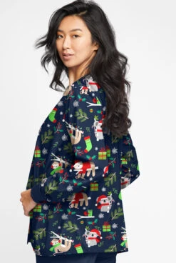Butter-Soft Sleepy Holiday Navy Women's 2-Pocket Warm-Up Printed Scrub Jacket -Cherokee Shop TS82SHNV 3