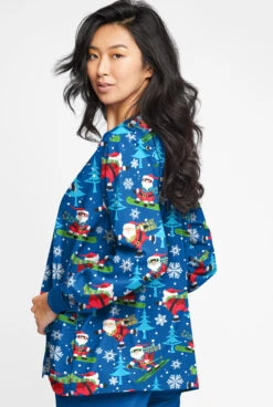 Butter-Soft Santa On Vacation Royal Women's 2-Pocket Warm-Up Print Scrub Jacket -Cherokee Shop TS82SVRL 3