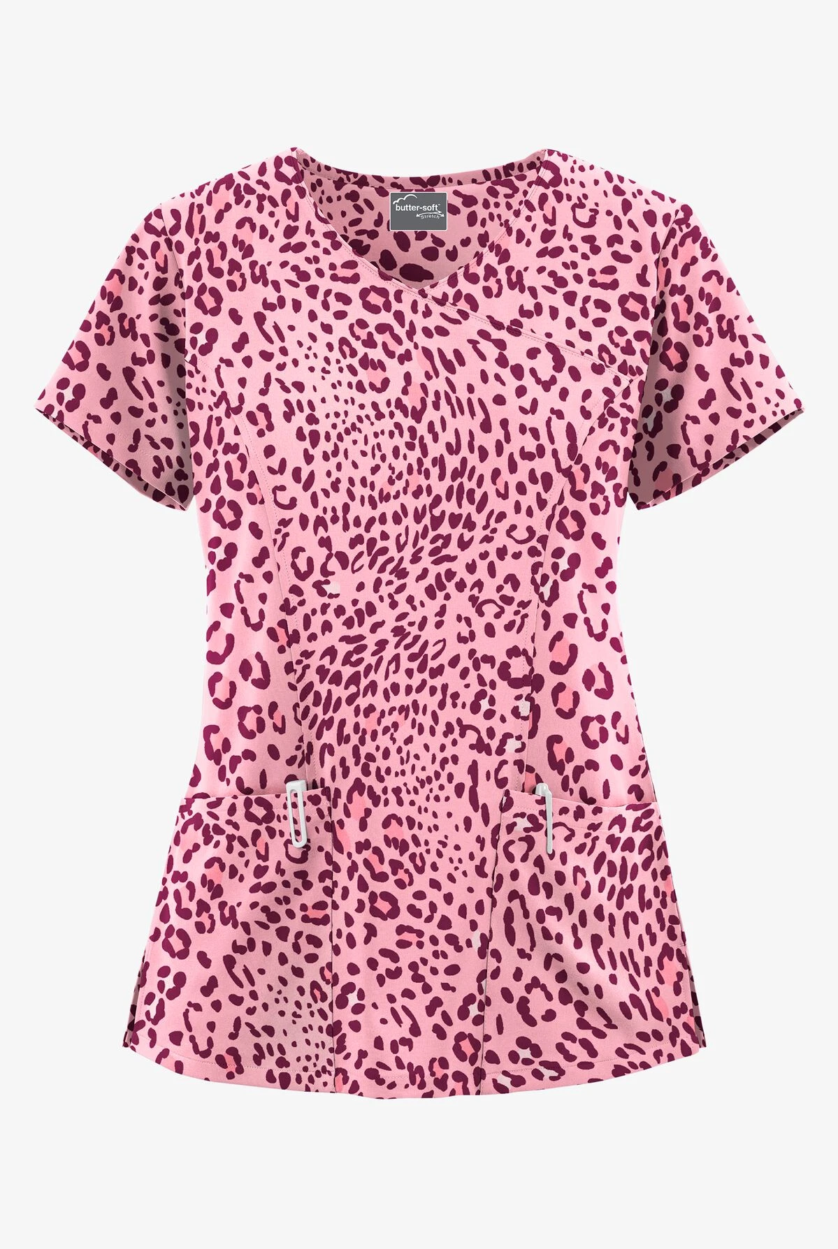 UA Butter-Soft STRETCH Summer Animal Wine Women's 3-Pocket V-Neck Mock Wrap Scrub Top 1 UA Butter-Soft STRETCH Summer Animal Wine Women's 3-Pocket V-Neck Mock Wrap Scrub Top