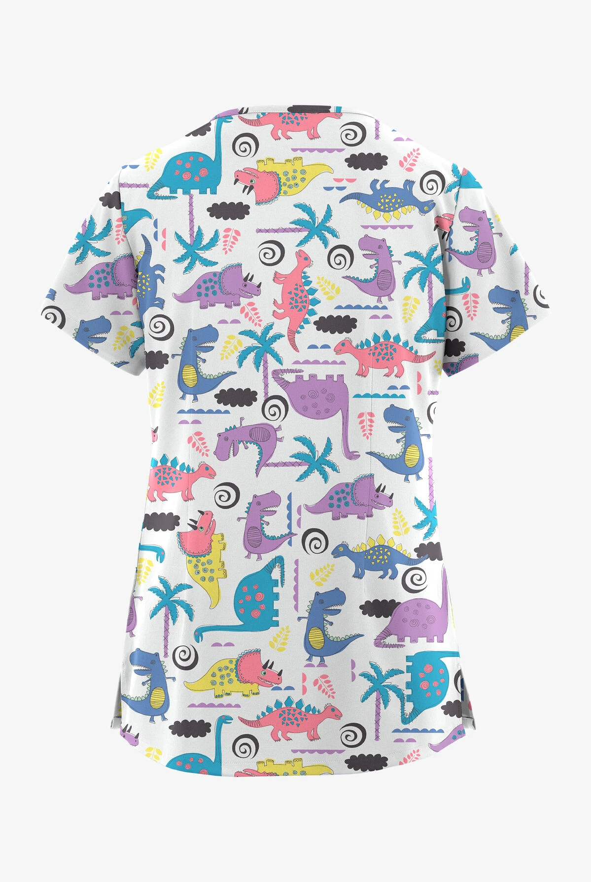 UA Butter-Soft STRETCH Stompin' Dino Orchid Women's 3-Pocket V-Neck Mock Wrap Scrub Top 2 UA Butter-Soft STRETCH Stompin' Dino Orchid Women's 3-Pocket V-Neck Mock Wrap Scrub Top - Image 2