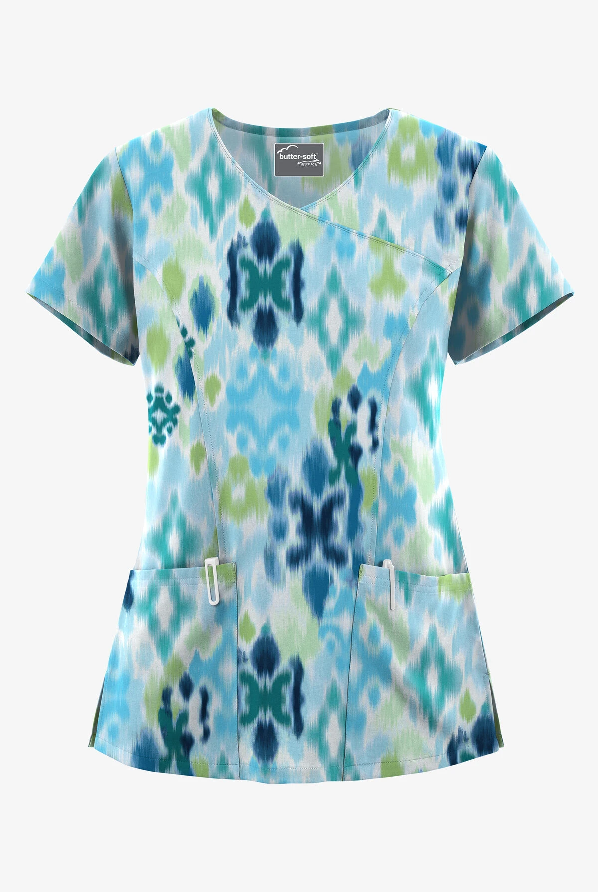 UA Butter-Soft STRETCH Varna Ikat Turquoise Women's 3-Pocket V-Neck Mock Wrap Scrub Top 1 UA Butter-Soft STRETCH Varna Ikat Turquoise Women's 3-Pocket V-Neck Mock Wrap Scrub Top