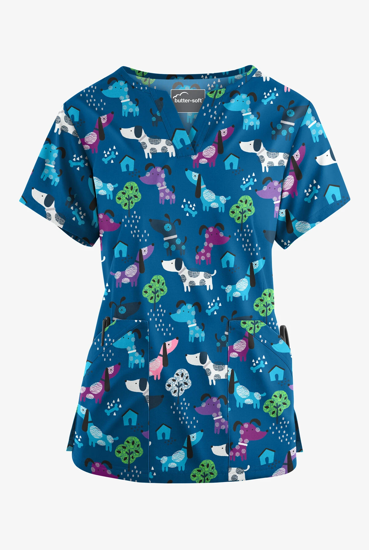 Butter-Soft Walk In The Park Royal Women's Notch-Neck 4-Pocket Print Scrub Top 1 Butter-Soft Walk In The Park Royal Women's Notch-Neck 4-Pocket Print Scrub Top