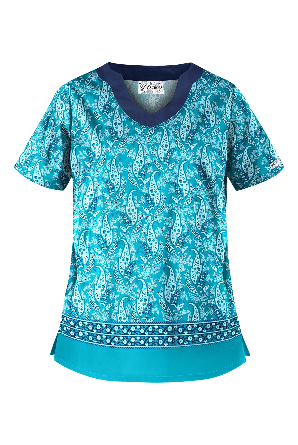 UA Best Buy Scrubs Floating Paisley Turquoise Women's 2-Pocket Scallop Neck Print Scrub Top 1 UA Best Buy Scrubs Floating Paisley Turquoise Women's 2-Pocket Scallop Neck Print Scrub Top