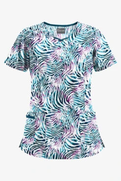 Butter-Soft Abstract Zebra Navy Women's 3-Pocket Criss Cross Print Scrub Top