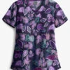 Butter-Soft Filigree Leaves Navy Women's 3-Pocket Criss Cross Print Scrub Top