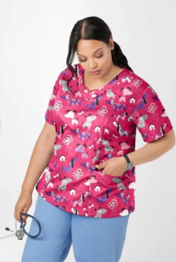 Butter-Soft Walk In The Park Fuchsia Women's 3-Pocket Criss Cross Print Scrub Top -Cherokee Shop UA626WPFC 100523 3