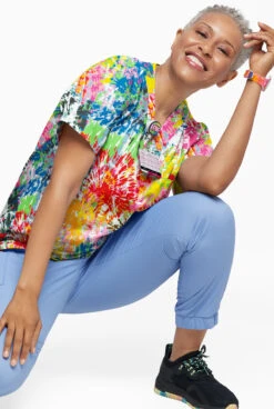 UA Butter-Soft Rainbow Tie-Dye White Printed Unisex 1-Pocket V-Neck Scrub Top -Cherokee Shop UA71RTD 3