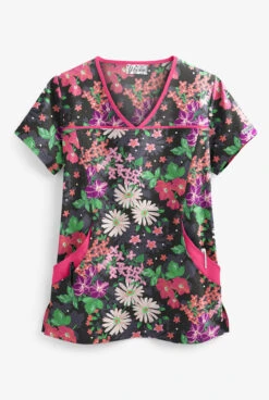 UA Garden Paradise Black Printed Women's 4-Pocket Princess Seam Scrub Top