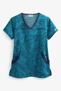 UA Paisley Delight Turquoise Women's 4-Pocket Princess Seam Print Scrub Top