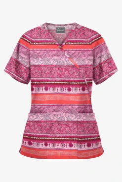 Butter-Soft Delhi Stripe Red Women's 2-Pocket Mock Wrap Print Scrub Top