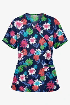 UA Floral Beauty Navy Women's 2-Pocket Mock Wrap Print Scrub Top