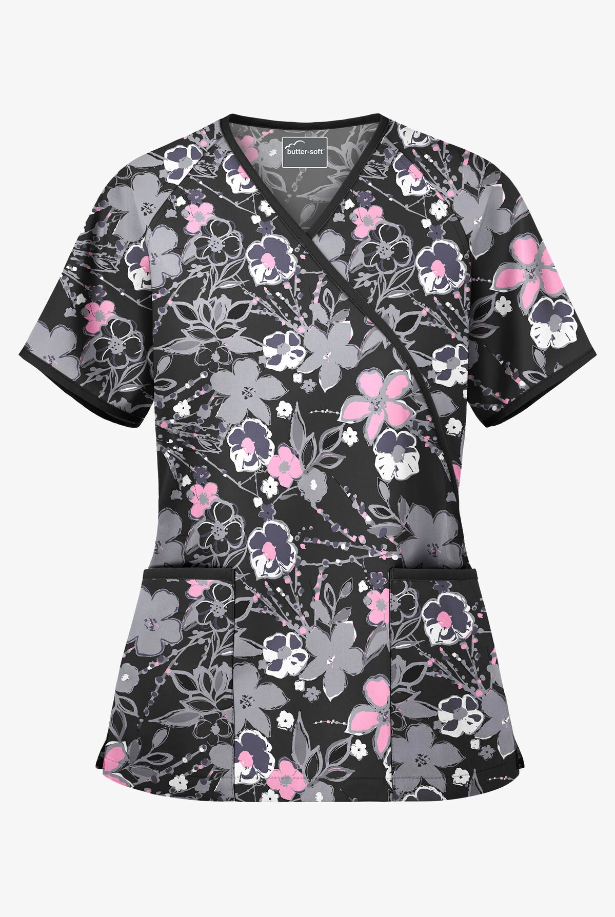 Butter-Soft London Floral Women's 2-Pocket Mock Wrap Printed Scrub Top 1 Butter-Soft London Floral Women's 2-Pocket Mock Wrap Printed Scrub Top