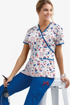 UA Best Buy Scrubs Party In The USA Women's 2-Pocket Mock Wrap Print Scrub Top -Cherokee Shop WT668PYU 3