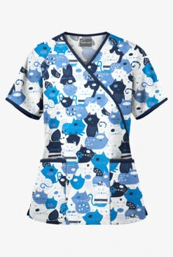 Butter-Soft Puzzle Cats Women's 2-Pocket Mock Wrap Printed Scrub Top