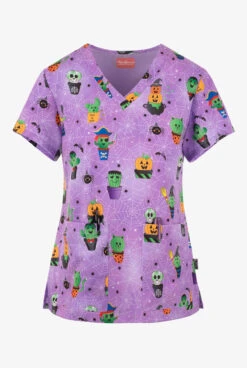 Zavate Ava Therese Creepy Cactus And Spiders Women's 2-Pocket STRETCH V-Neck Print Scrub Top