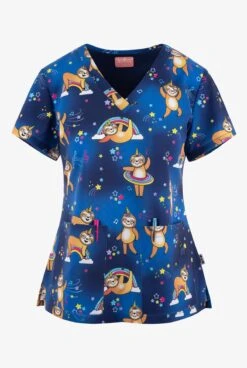 Zavate Ava Therese Unicorn Sloth Squad Women's 2-Pocket STRETCH V-Neck Print Scrub Top
