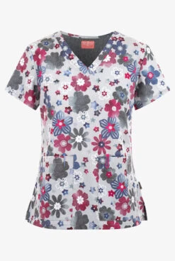 Zavate Ava Therese Floral Splash Of Heather Women's 2-Pocket STRETCH V-Neck Print Scrub Top
