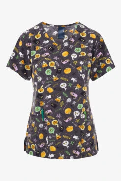 Zoe & Chloe Monster Bites Halloween Women's 2-Pocket STRETCH V-Neck Print ScrubTop