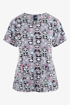 Zoe & Chloe Panda Jams Women's 2-Pocket STRETCH V-Neck Print ScrubTop