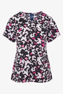 Zoe & Chloe Pink Flight Awareness Women's 2-Pocket STRETCH V-Neck Print Scrub Top