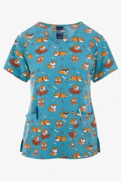 Zoe & Chloe Shiba Song Playful Dogs Women's 2-Pocket STRETCH V-Neck Print ScrubTop
