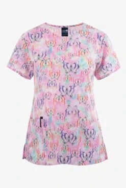 Zoe & Chloe Tie Dye Flight Butterfly Women's 2-Pocket STRETCH Notch Neck Print Scrub Top