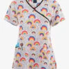 Zoe & Chloe Double Rainbow Women's 3-Pocket STRETCH Mock Wrap Print Scrub Top