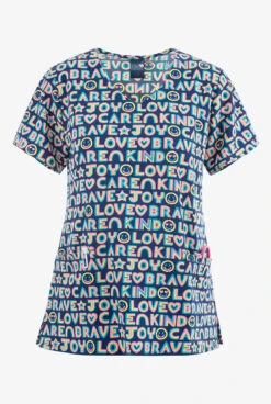 Zoe & Chloe Love Care Joy Women's 2-Pocket STRETCH V-Neck Print Scrub Top